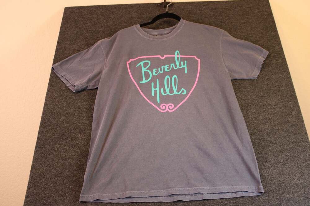 Beverly Hills Graphic T-Shirt Vintage Washed Grey Pink and Teal
